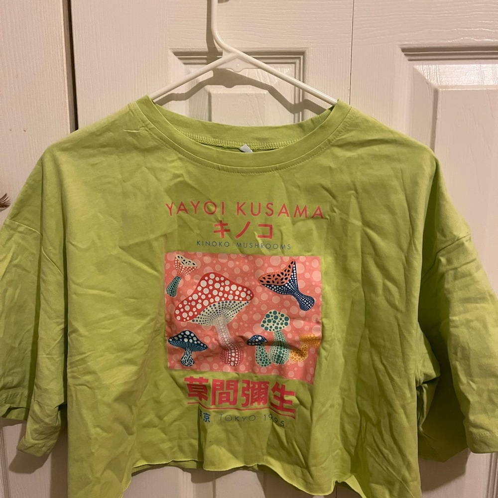 Vibrant Green Short Sleeve Tee with Pink Mushroom Graphic